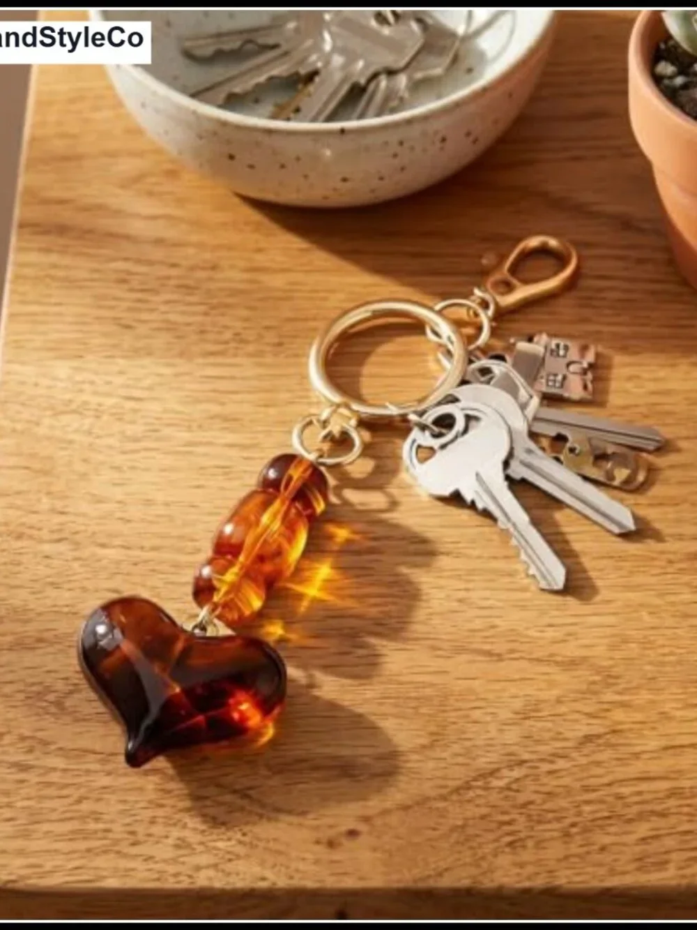 Tortoiseshell Resin Heart Bag Charm Gold Plated Keychain_4